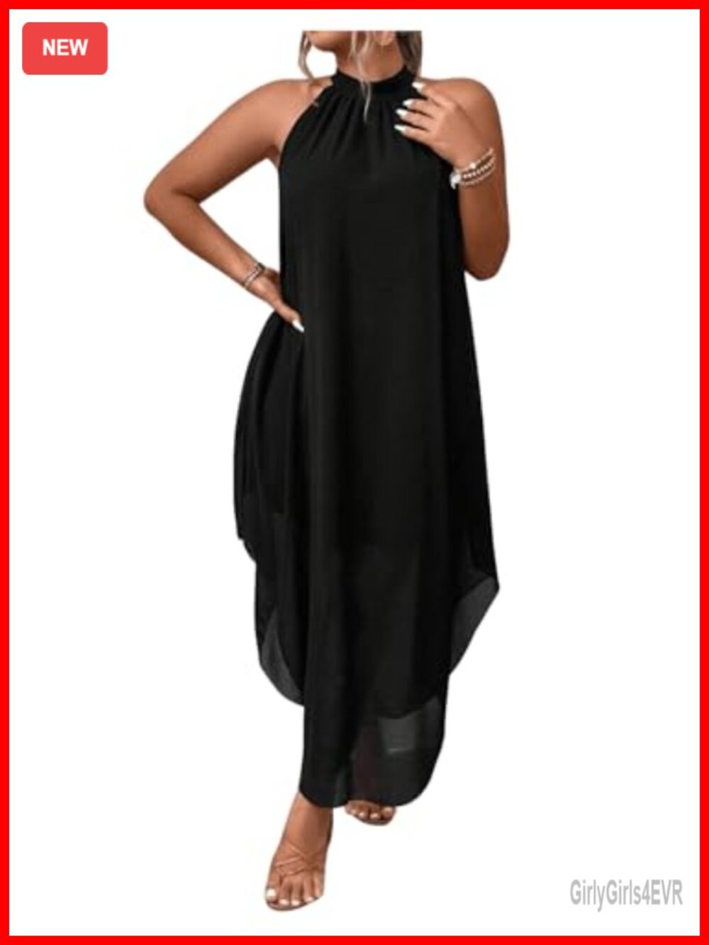 Plus Size Halter Maxi Dress Mesh Keyhole Back Asymmetrical Hem